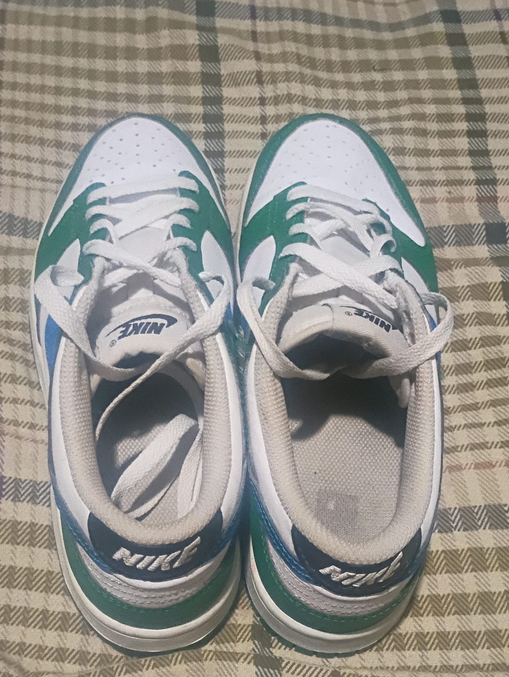 Nike Kids White and Green Low-Top Sneakers with Blue Accents